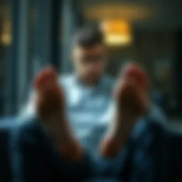 A man sitting and looking down at his feet with a frustrated expression, highlighting his concerns about foot appearance.