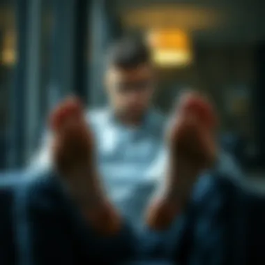 A man sitting and looking down at his feet with a frustrated expression, highlighting his concerns about foot appearance.