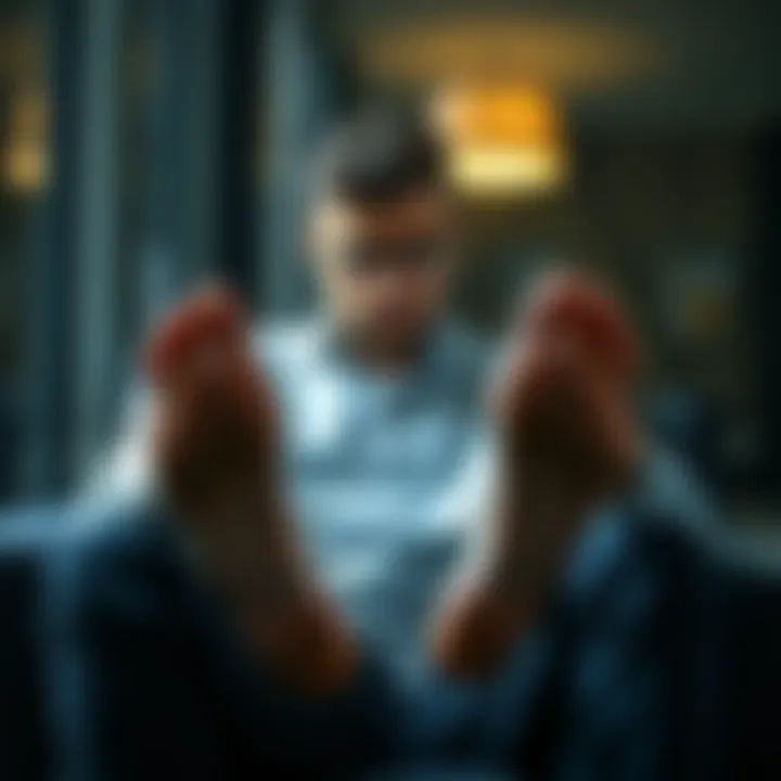 A man sitting and looking down at his feet with a frustrated expression, highlighting his concerns about foot appearance.