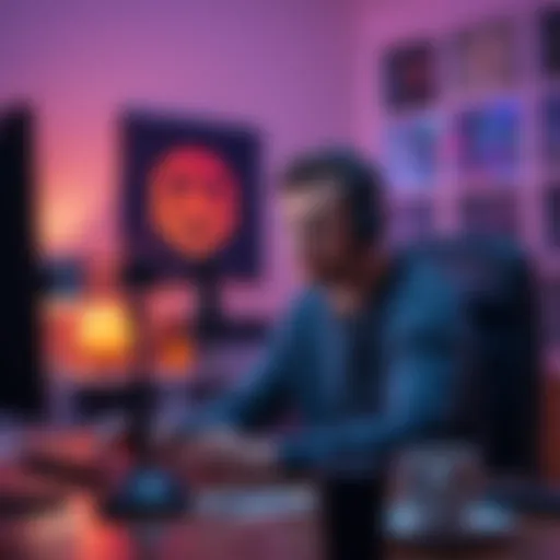 A man sitting at a desk with a microphone and computer, looking worried while streaming.