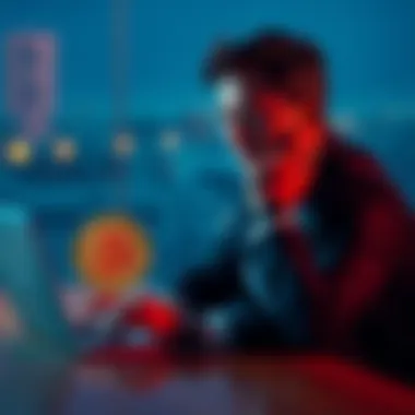 A man sits at a table with a thoughtful expression, contemplating a prenup while a Bitcoin logo is visible on his laptop screen.