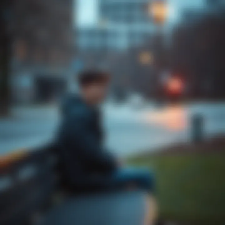 A young man sitting alone on a bench, looking lost in thought, representing modern commitment issues.