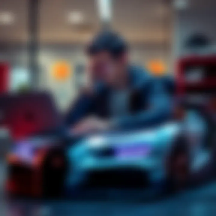 A car enthusiast sitting at a desk looking frustrated while checking cryptocurrency prices on a laptop, dreaming of owning a Bugatti Divo.