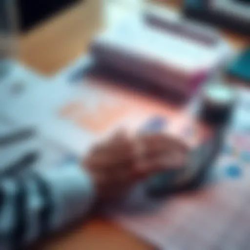 A person organizing financial documents and charts related to staking and DeFi transactions, with a calculator and tax forms on a desk.