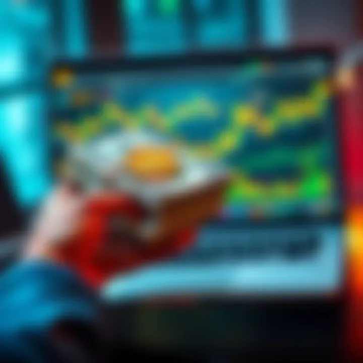 A person holding a stack of cash with a laptop open showing cryptocurrency charts and graphs, illustrating financial planning after success in memecoins.