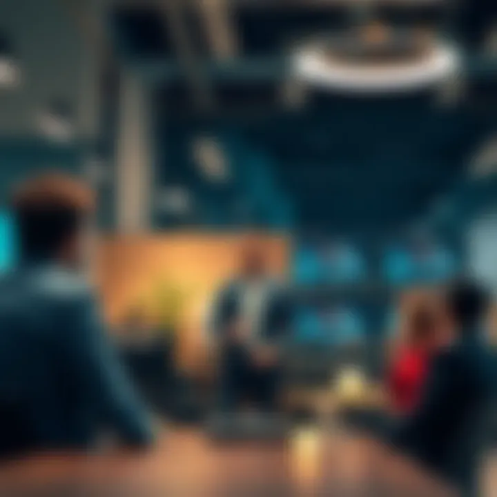 Mance Harmon stands in a modern office, sharing his ideas about being invisible and everywhere at once, with a group of attentive listeners around him