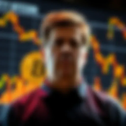 Mark Cuban standing in front of a cryptocurrency chart with a disappointed expression, signaling his decision to sell all Bitcoin.