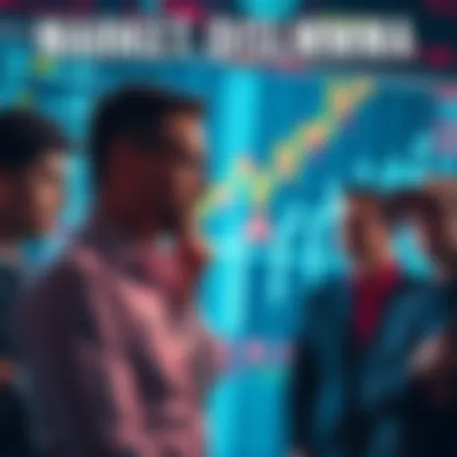 A stock market chart shows fluctuations with skeptical investors watching in the background. Some investors appear worried while others look hopeful about market trends.