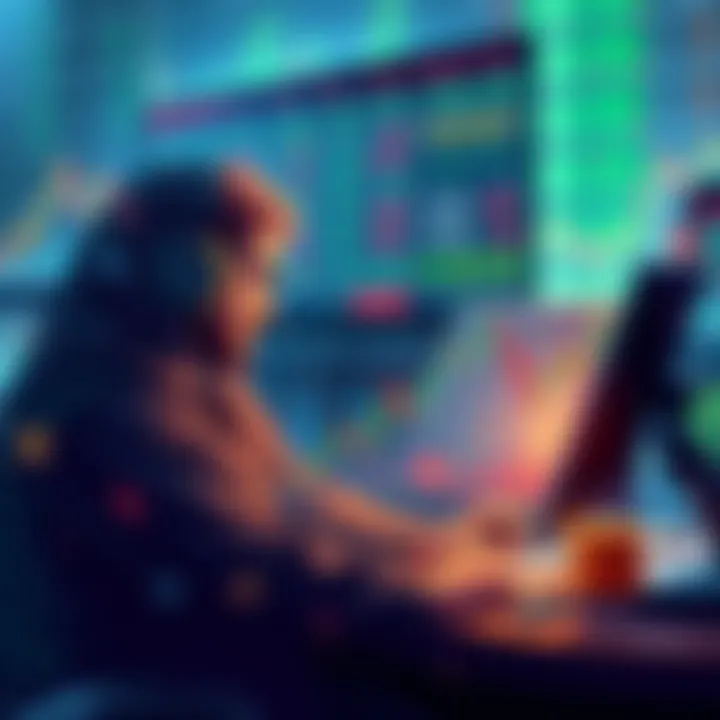 Illustration showing a trader analyzing crypto and stock graphs with symbols of market manipulation around them