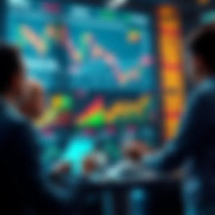 People discussing market trends and predictions for Q2 2025 with charts and graphs in the background