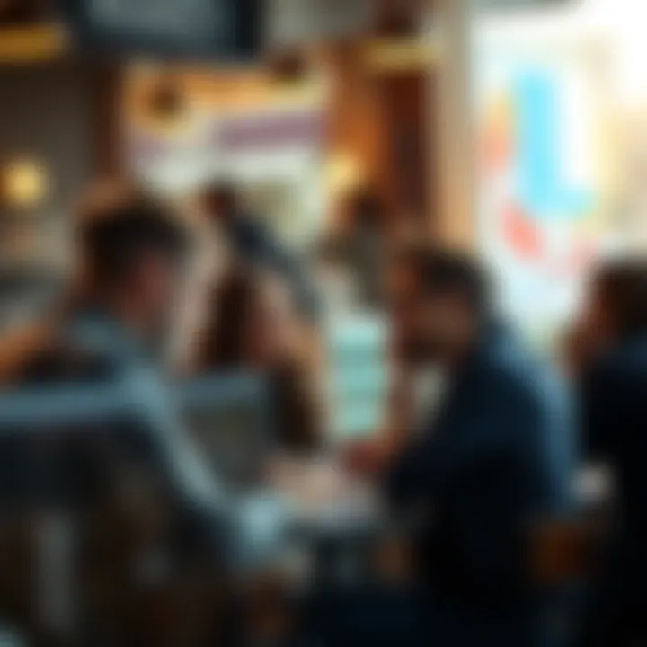 People discussing market trends and legal issues at a coffee shop