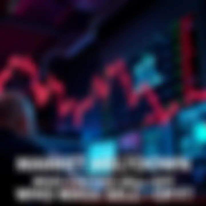 A downward trending stock chart showing sharp declines with worried investors looking at screens in the background.