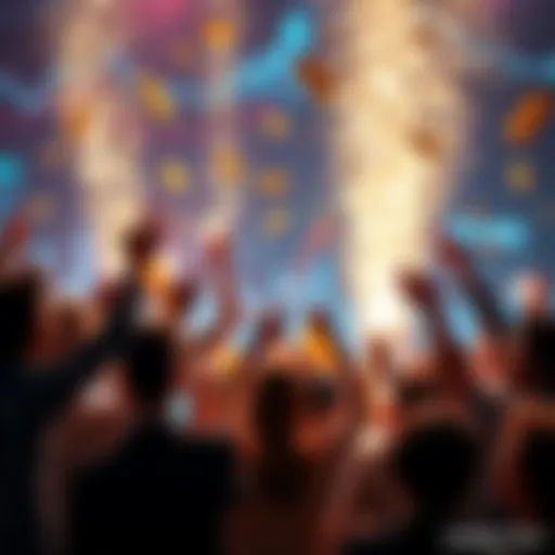 People celebrating market gains with upward graphs and gold bars in the background