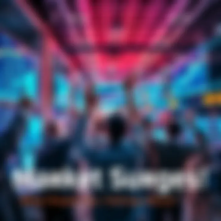 Market Surge Celebration People celebrating as stock market graphs show upward trends on screens in a vibrant office environment