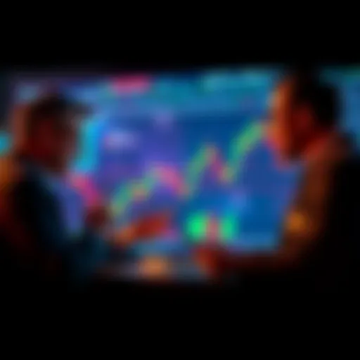 Traders discussing market signals with bull flag and limp stick flag patterns illustrated on a chart.