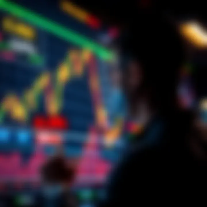 Market Trends Analysis A graph showing fluctuating market trends with a person looking thoughtfully at a screen displaying stock prices, representing investor uncertainty.