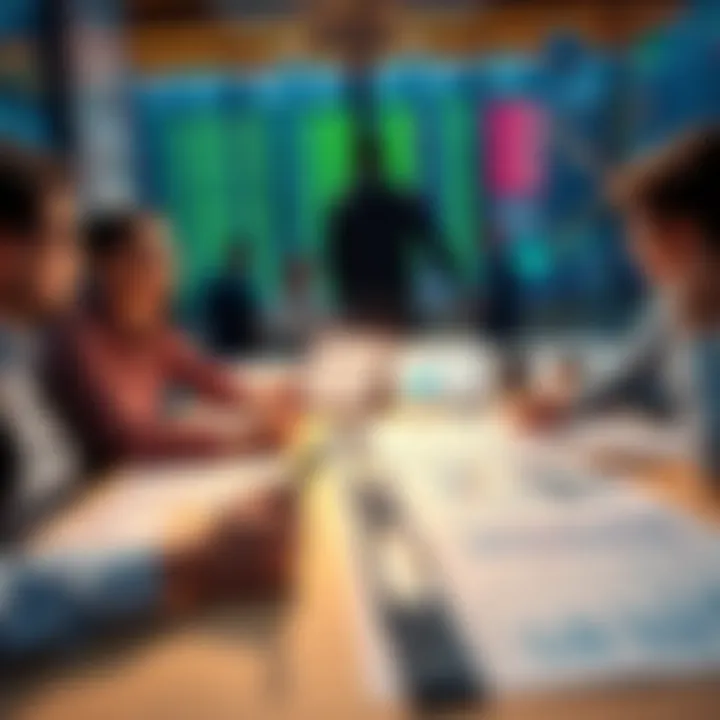 A group of people discussing market trends with charts and graphs on a table