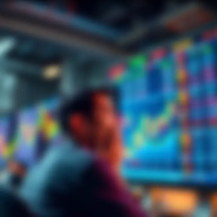 Market Volatility and Investor Reactions A person looking worried while watching stock market charts on a computer screen, showing fluctuations in prices.
