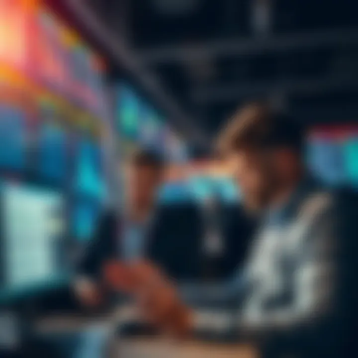 Institutional investors analyzing market data and trends in a busy office setting