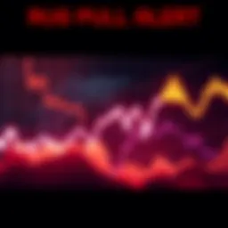 Graph showing market trends rising towards 65k, with warning signs for rug pull risks