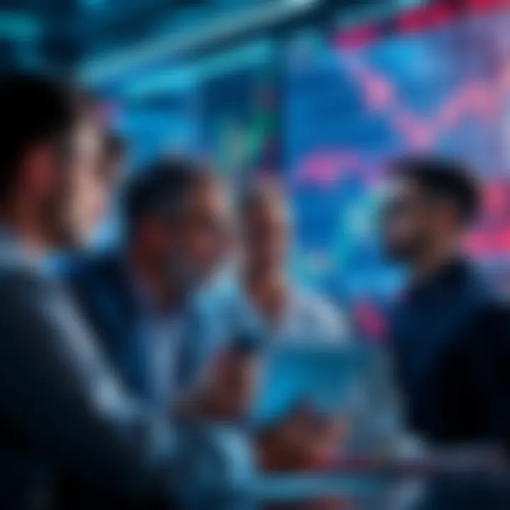 Market Analysts During Downturn Group of market analysts discussing strategies amid declining stock charts