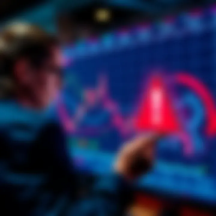 A trader looking at a chart showing a bull market trend with a warning sign indicating a potential bull trap.