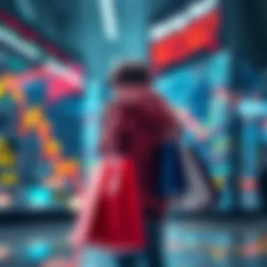 A person holding shopping bags with financial charts in the background, indicating a buying trend in the market.