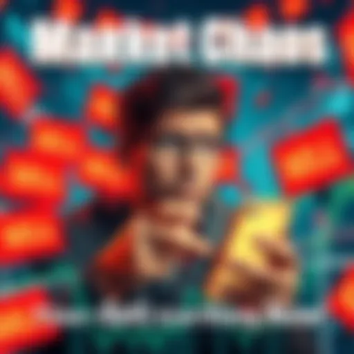 A person looking worried while checking stock prices on a phone, surrounded by sell signs and market graphs showing drops.