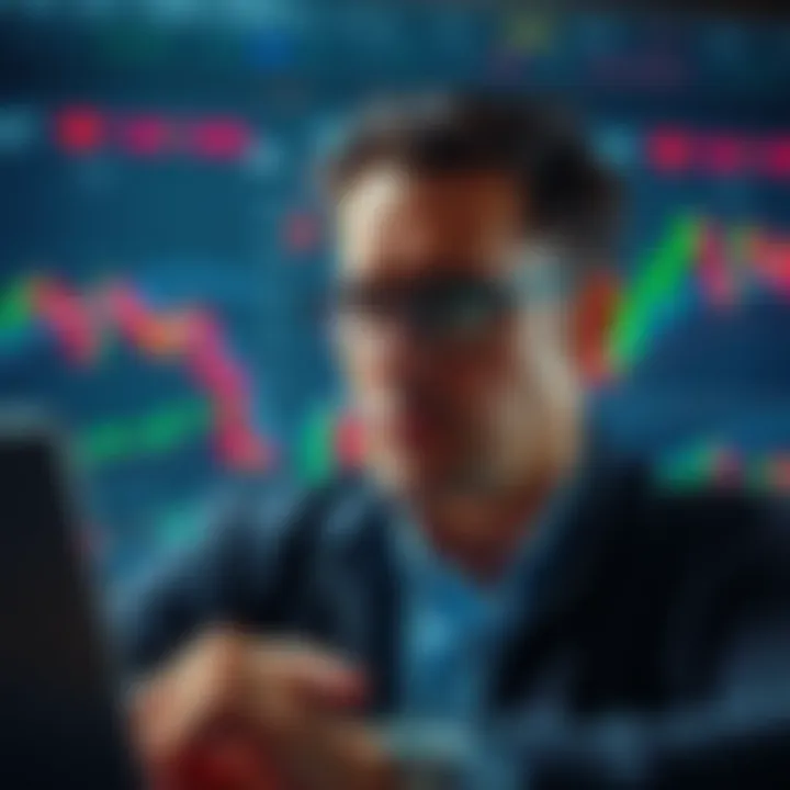 A worried investor looks at stock market charts showing a decline, symbolizing uncertainty and doubt in the market.