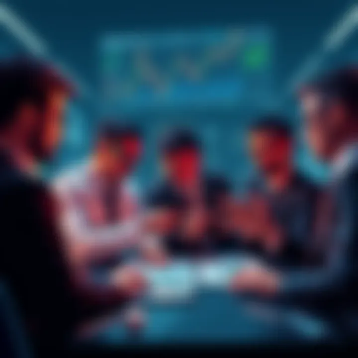 A group of people discussing market strategies with charts and graphs surrounding them, showing a sense of determination and focus.
