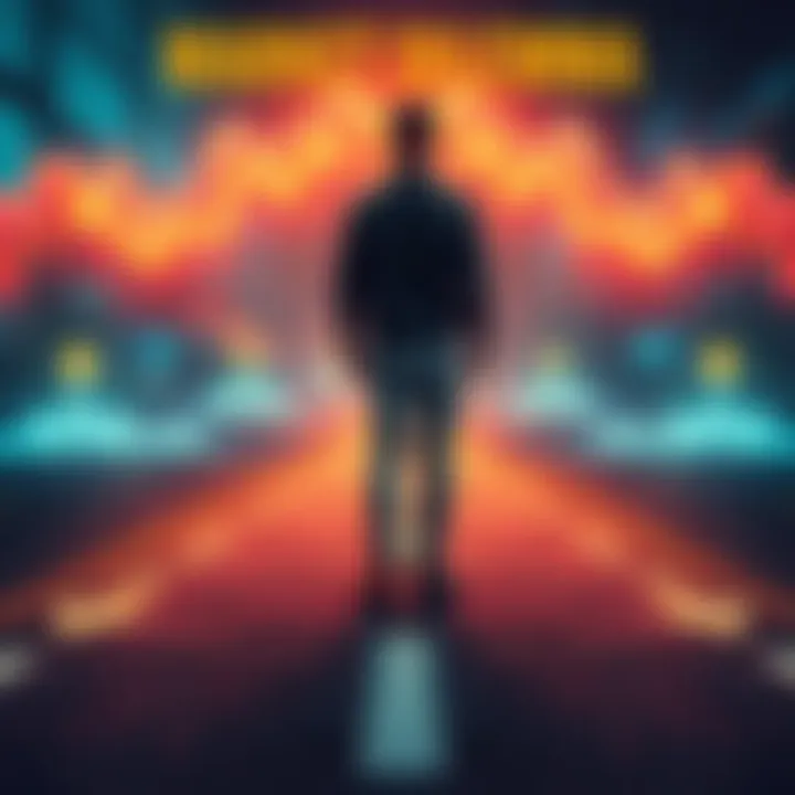 A person stands at a crossroads, looking at a fluctuating chart with arrows pointing up and down, representing buying high or selling low in the market.