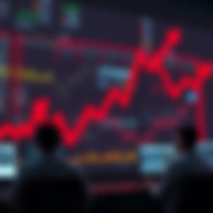 A stock market graph showing a downward trend, with red arrows indicating falling prices and worried investors looking at screens.