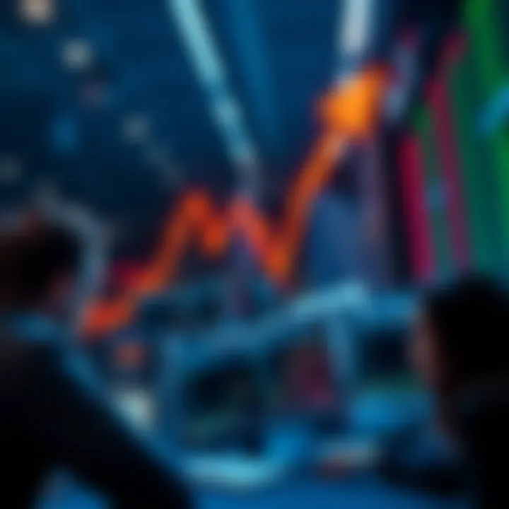 A graphic showing a stock market chart with a downward trend arrow and worried investors looking at screens, signaling a sell-off.