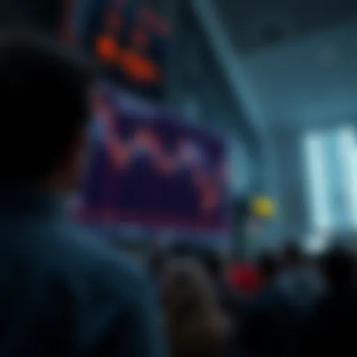 A stock market screen shows declining numbers with a worried crowd watching.