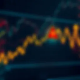 Market Downturn Ahead A downward trend line on a stock market chart with a warning sign indicating a potential drop to 50k.