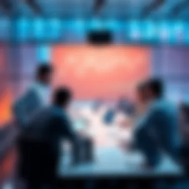 People discussing market trends and predictions around a table with charts and graphs