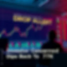 A stock market chart showing a sharp decline back to 77K, with worried investors watching.