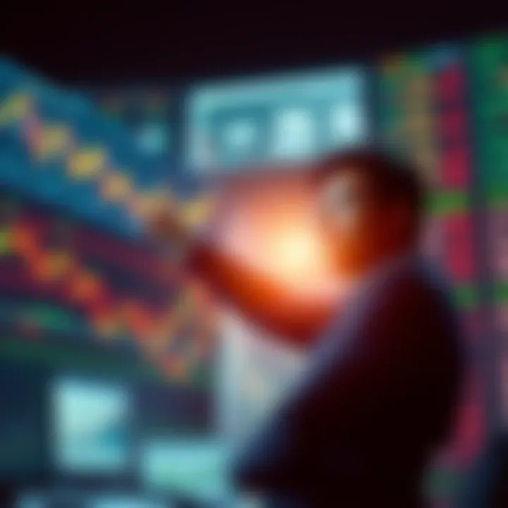 A person confidently buying stocks during a market downturn, surrounded by charts showing falling prices.