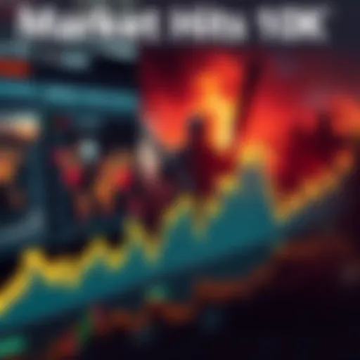 Market Hits 10K A stock market graph showing an upward trend reaching 10,000 points against a backdrop of global conflict images.