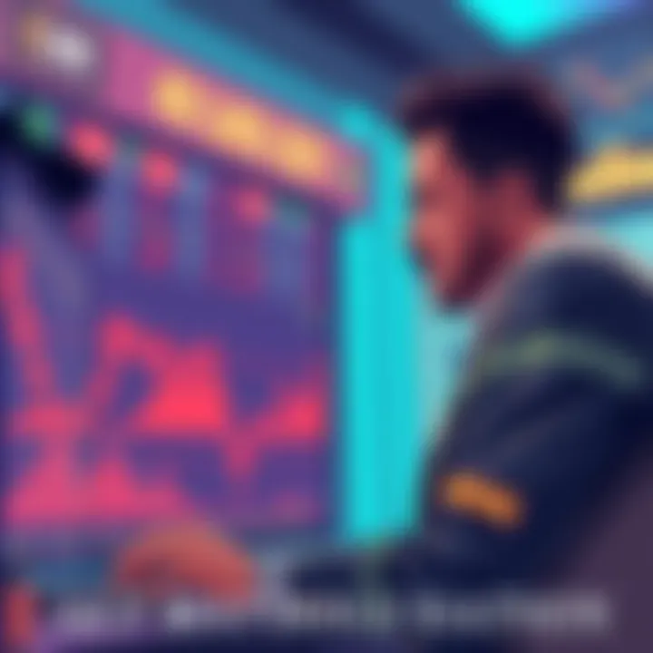An illustration showing a downward trend in financial graphs with a distressed trader looking at his screen.