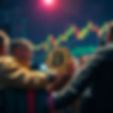 A group of market makers influencing Bitcoin trading decisions, leading investors to shift to altcoins, with charts showing unexpected market movements in the background.