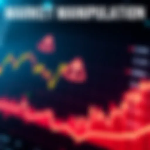 A graph showing rising stock prices with alarm signs overlaid, indicating market manipulation risks for investors.