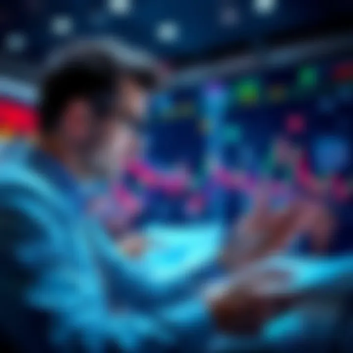 A person analyzing market trends with charts and graphs, looking focused and engaged in financial decisions.