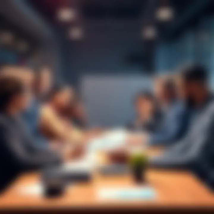 A group of diverse people discussing investment opportunities at a table with charts and graphs