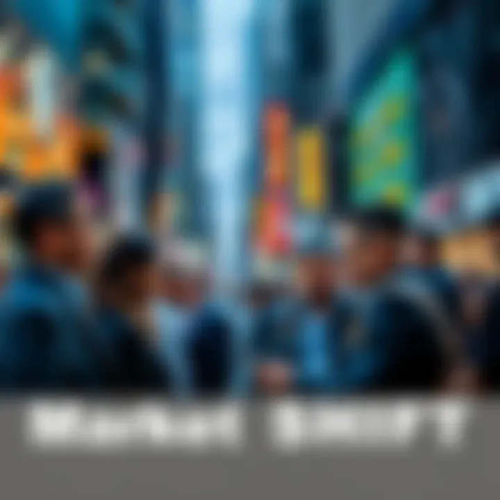 People discussing market changes with mixed emotions in a busy urban setting