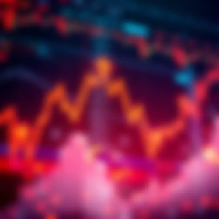 A stock market chart showing a downward trend with arrows indicating change, surrounded by financial symbols.