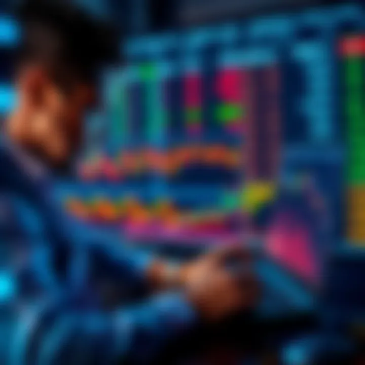 A person analyzing market charts on a laptop, looking focused and calm during a financial downturn, symbolizing a buy low, sell high strategy.