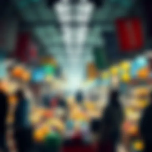 People engaging in buying and selling activities in a bustling market setting.