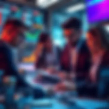 A team of business professionals analyzing charts and data related to market trends and profitability.