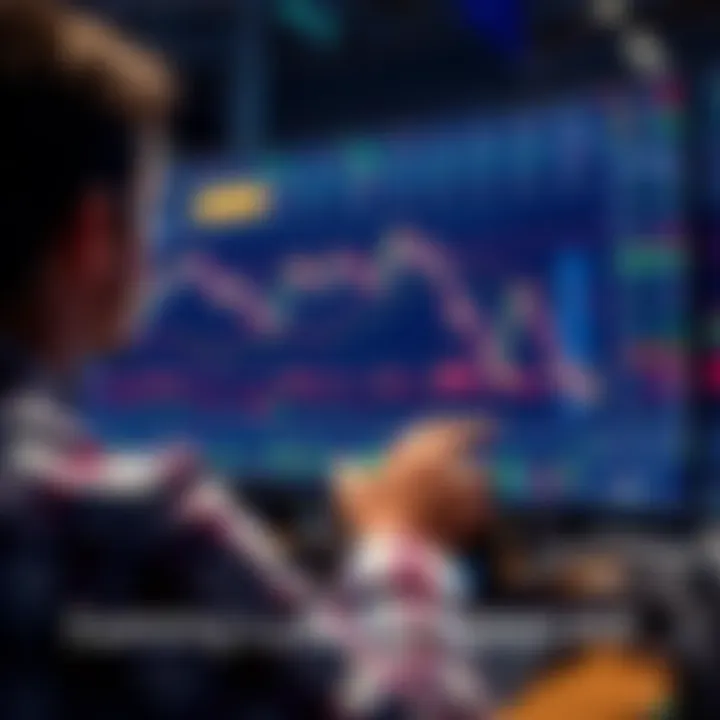 A person observing stock market charts on a computer screen, showing fluctuating line graphs and financial data.